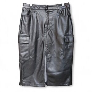 Hunter & Brown Black Faux Leather Skirt Size Large Cargo Pockets Midi Front Slit